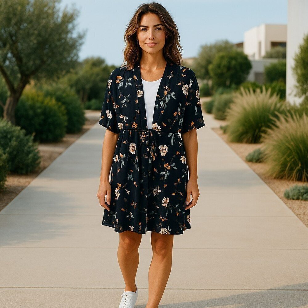 Maurices Womens Small Medium Navy Floral Tie Front Waist Short Sleeve Kimono S